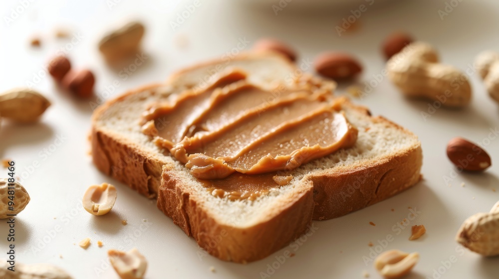 A close-up of a peanut butter spread on a slice of bread, surrounded by whole peanuts and a clean background to accentuate the creamy texture A close-up of a peanut butter spread on a slice of bread, surrounded by whole peanuts and a clean background to accentuate the creamy texture