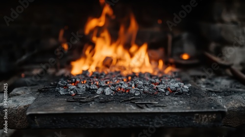 An intense fire with hot coals burns in the blacksmith's forge, embodying the dedication and hard work of metalworking. The sparks and heat fill the workshop.