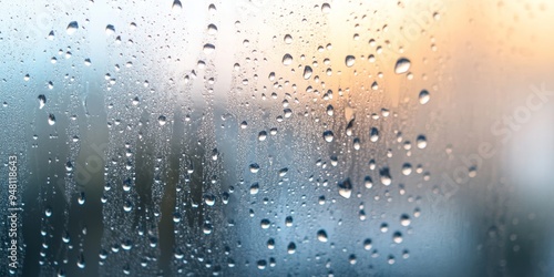 Close-up of water droplets on a glass door with soft natural light during dusk