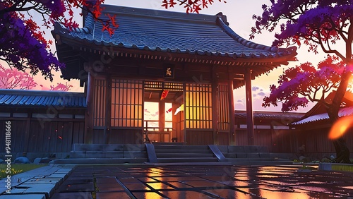 Japanese temple courtyard with cherry blossom trees. Ideal for travel brochures, website banners, cultural blogs, and Japanesethemed designs. Anime background photo