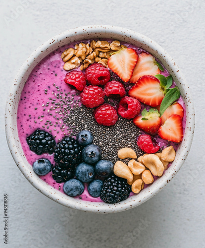 smoothie bowl topped with chia seeds, fresh berries, and nuts