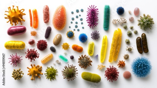 Various microbial forms display vibrant colors and distinct shapes, highlighting the diversity of microscopic life found in different environments