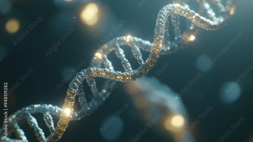 A mesmerizing close-up of a DNA double helix, showcasing intricate details and sparkling elements in a futuristic digital environment. A mesmerizing close-up of a DNA double helix, showcasing intricate details and sparkling elements in a futuristic digital environment.