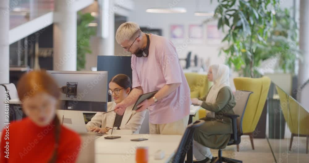 A director arrives at a large, modern office, where he joins his colleagues, exemplifying corporate leadership and teamwork in a dynamic workplace A director arrives at a large, modern office, where he joins his colleagues, exemplifying corporate leadership and teamwork in a dynamic workplace
