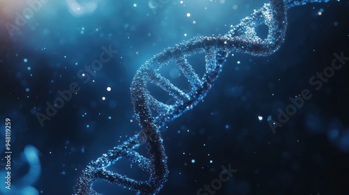 Close-up of a shimmering DNA double helix against a dark blue background, illustrating the essence of genetics and molecular biology.