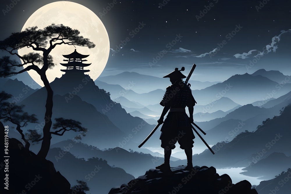 Naklejka premium Silhouette illustration of a samurai warrior standing on a mountain peak at night.