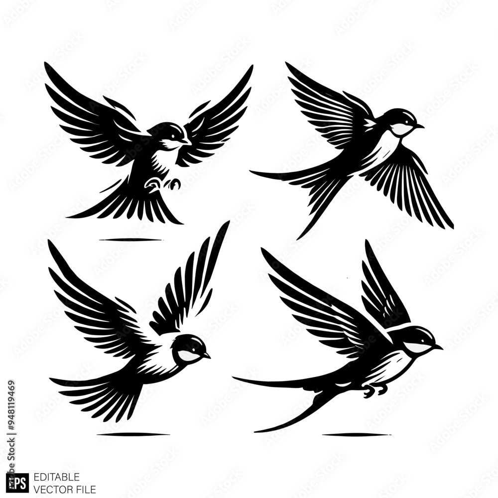 set of bird Isolated vector graphic illustration design in black and white silhouette for clip art templates set of bird Isolated vector graphic illustration design in black and white silhouette for clip art templates