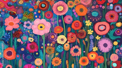 A vibrant array of flowers in a whimsical illustration, depicting assorted colors and shapes that create a joyful, lively atmosphere. photo