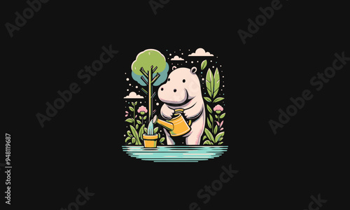 hippo watering the plants vector illustration design