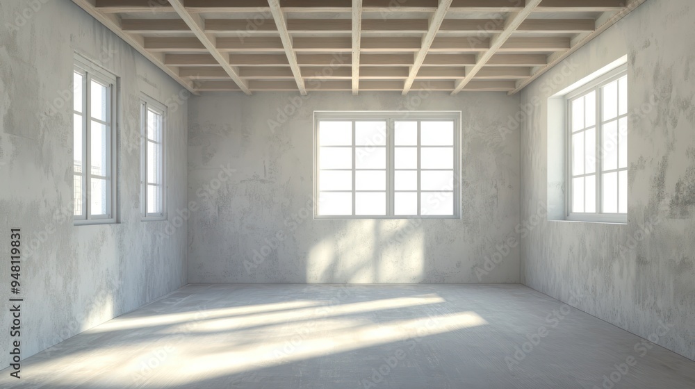 Minimalist interior of an empty room with large windows letting in natural light. Minimalist interior of an empty room with large windows letting in natural light.