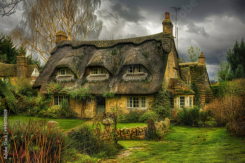 A large house with a thatched roof and a garden. photo