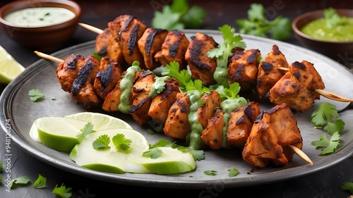 Indian chicken tikka kebabs served with green chutney and onion, marinated in yogurt and spices and roasted in a tandoor.