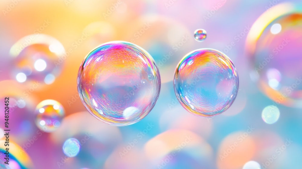 Close-up view of colorful soap bubbles reflecting light on a bright background Close-up view of colorful soap bubbles reflecting light on a bright background