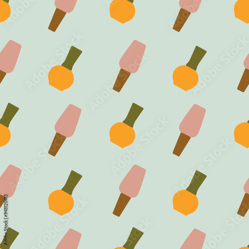 Bottles, flasks seamless pattern. Gel polish or perfume on a light background. Flat vector illustration for wrapping paper, background, packaging, cover