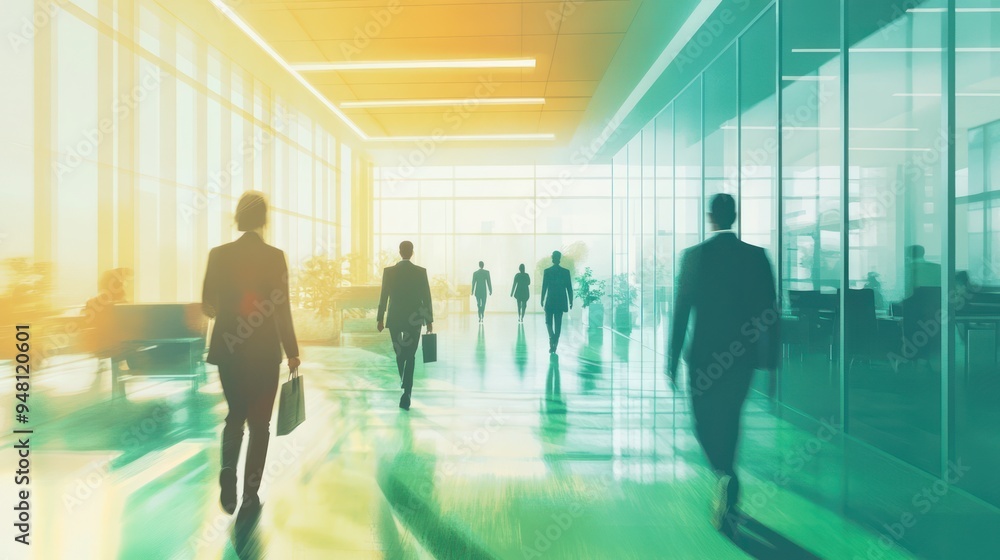 Fototapeta premium Silhouetted business professionals in suits walk through a modern office space, bathed in warm light, evoking a productive work atmosphere.