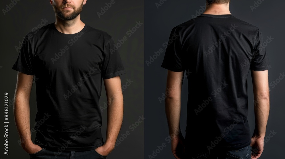 A man wears a plain black t-shirt, front and back, for a t-shirt design mock-up A man wears a plain black t-shirt, front and back, for a t-shirt design mock-up