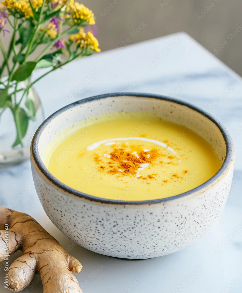 dish of turmeric-infused soup with ginger and coconut milk dish of turmeric-infused soup with ginger and coconut milk
