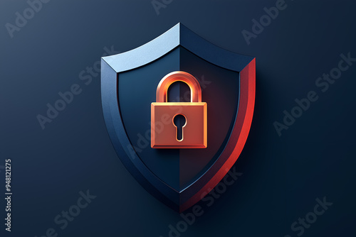 Modern shield with a split tone design and lock icon, data protection concept for tech firms, cybersecurity ads, online safety visuals. High contrast shield with glowing lock, robust digital security