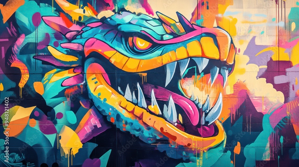 Naklejka premium Vibrant dragon mural showcasing bold colors and fierce expression, enhancing urban street art aesthetics.