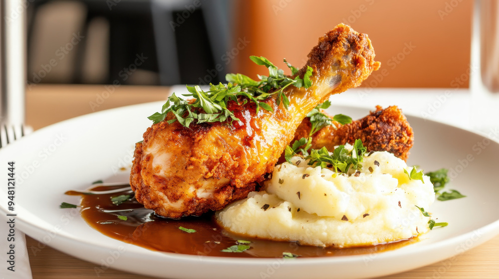 Golden fried chicken drumstick served with creamy mashed potatoes and rich gravy, garnished with fresh herbs on a white plate Golden fried chicken drumstick served with creamy mashed potatoes and rich gravy, garnished with fresh herbs on a white plate