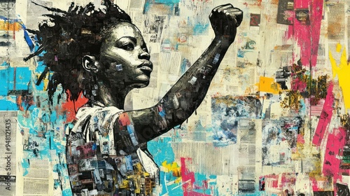 A powerful Black woman raises her fist in solidarity against a vibrant backdrop of mixed media, symbolizing strength and resilience.