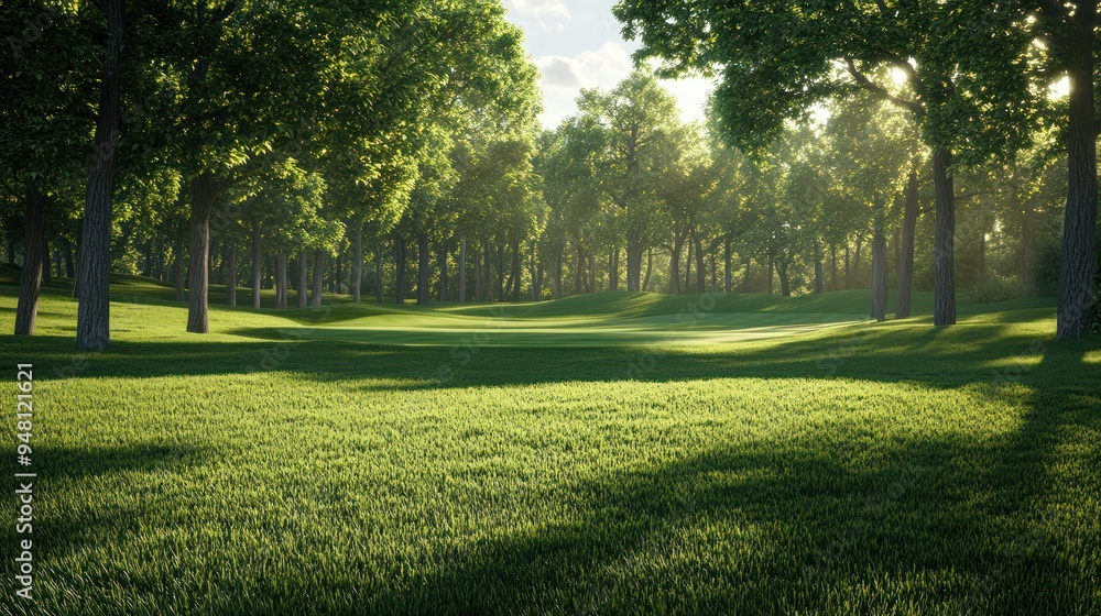 Naklejka premium A serene golf course landscape bathed in warm sunlight, showcasing vibrant green grass and lush trees.