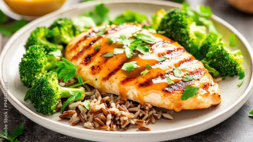 Grilled chicken breast served with wild rice and steamed broccoli on a decorative plate, garnished with fresh parsley Grilled chicken breast served with wild rice and steamed broccoli on a decorative plate, garnished with fresh parsley