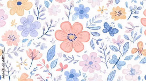 A vibrant floral pattern featuring pastel-colored flowers and delicate leaves.