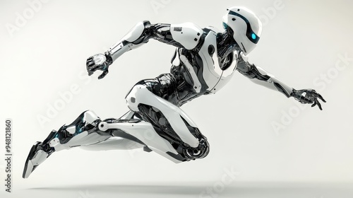 A humanoid AI robot is captured in a dynamic running pose, showcasing agility and advanced design in a high-tech environment