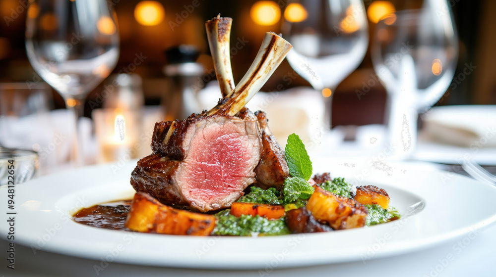 Gourmet lamb rack beautifully plated with vibrant vegetables and herbs, showcasing fine dining elegance in a restaurant setting Gourmet lamb rack beautifully plated with vibrant vegetables and herbs, showcasing fine dining elegance in a restaurant setting