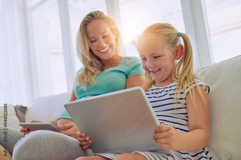 Happy, child and pregnant mother with tablet on sofa for maternity research, information or blog. Pregnancy, relax and mom with girl kid in living room with technology for prenatal ebook at home. Happy, child and pregnant mother with tablet on sofa for maternity research, information or blog. Pregnancy, relax and mom with girl kid in living room with technology for prenatal ebook at home.