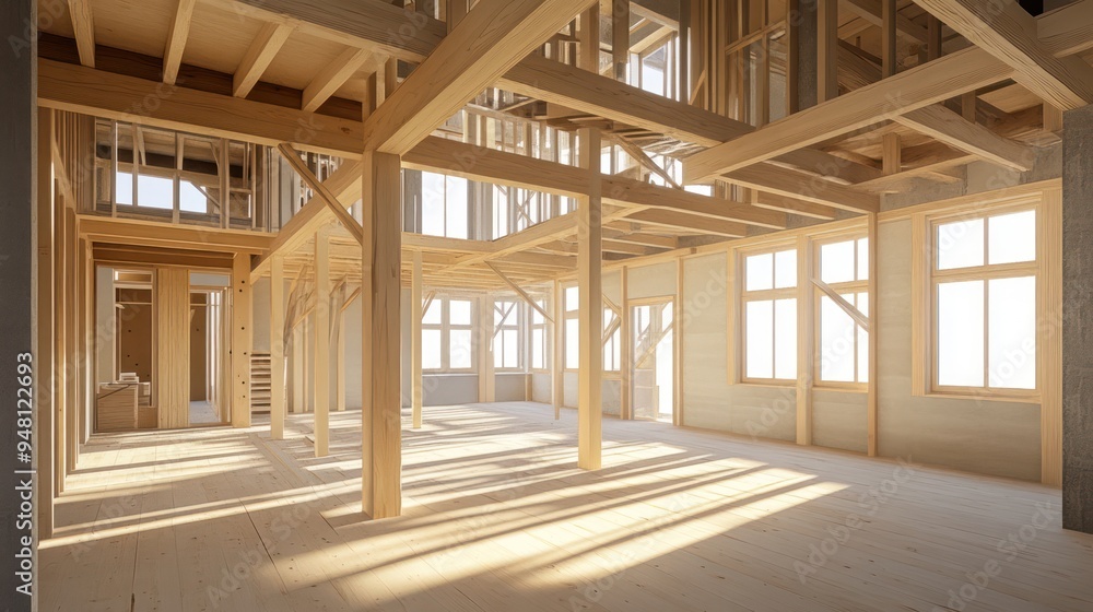 Bright and spacious interior of a modern wooden structure with exposed beams. Bright and spacious interior of a modern wooden structure with exposed beams.