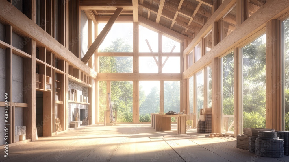 Spacious wooden interior of a modern cabin, showcasing large windows and natural light filtering through a serene setting. Spacious wooden interior of a modern cabin, showcasing large windows and natural light filtering through a serene setting.