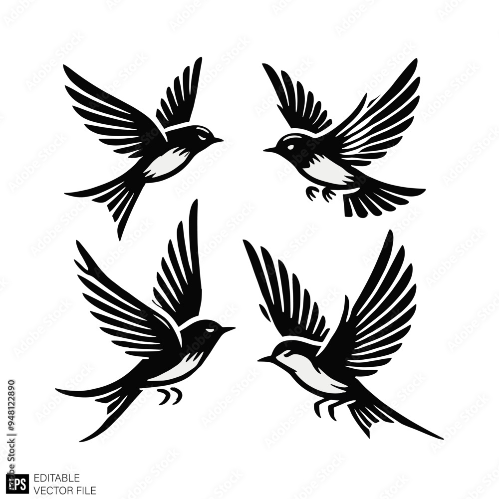 Fototapeta premium set of bird Isolated vector graphic illustration design in black and white silhouette for clip art templates