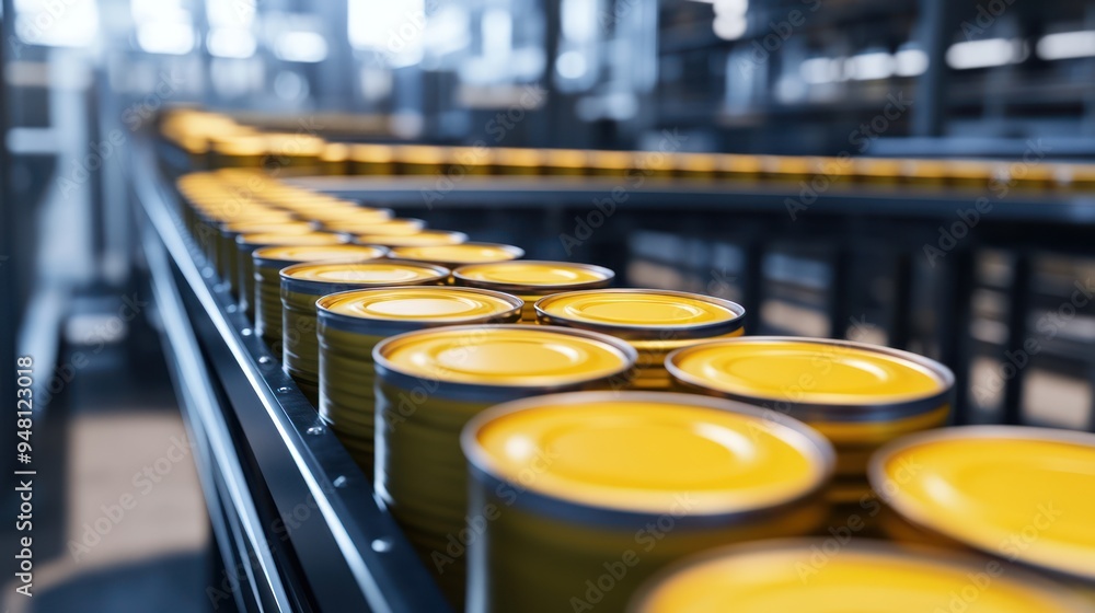 Fototapeta premium A close-up of a conveyor belt transporting vibrant yellow cans in a modern industrial setting.