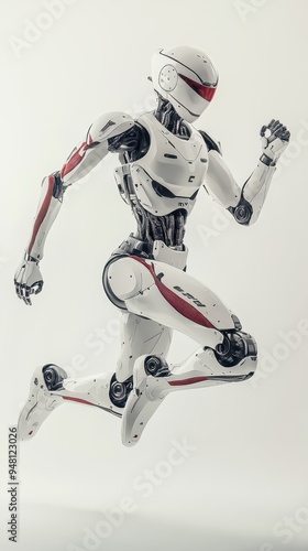 A humanoid AI robot is captured in mid-run, demonstrating its advanced design and agility in a modern setting