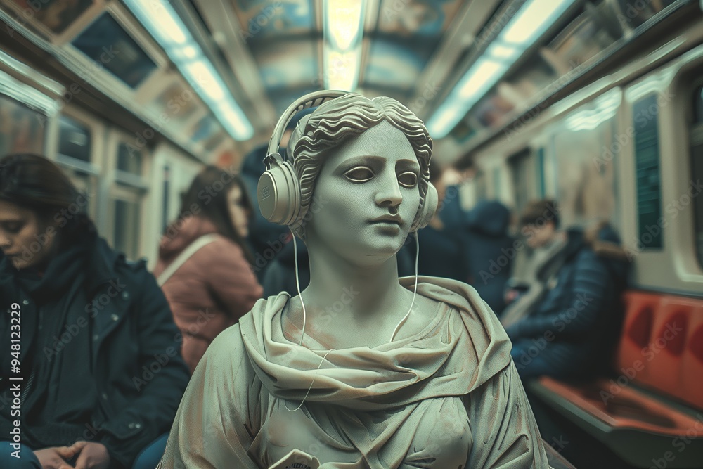 A stone statue wearing headphones sits on a subway train while commuters engage in their own activities in the background A stone statue wearing headphones sits on a subway train while commuters engage in their own activities in the background