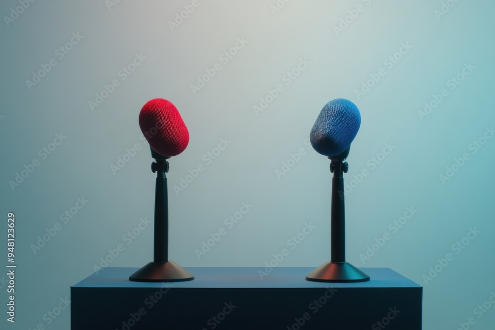 Debate podium with red and blue microphones facing each other Debate podium with red and blue microphones facing each other