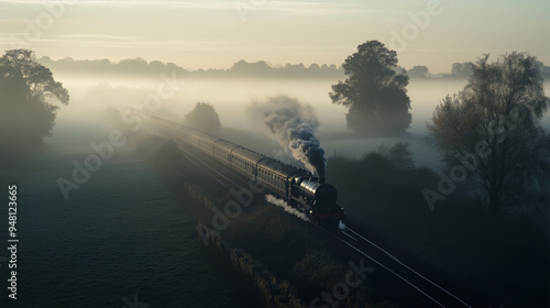 A train is traveling down a track with smoke coming out of the engine. The scene is foggy and the train is the only thing visible photo