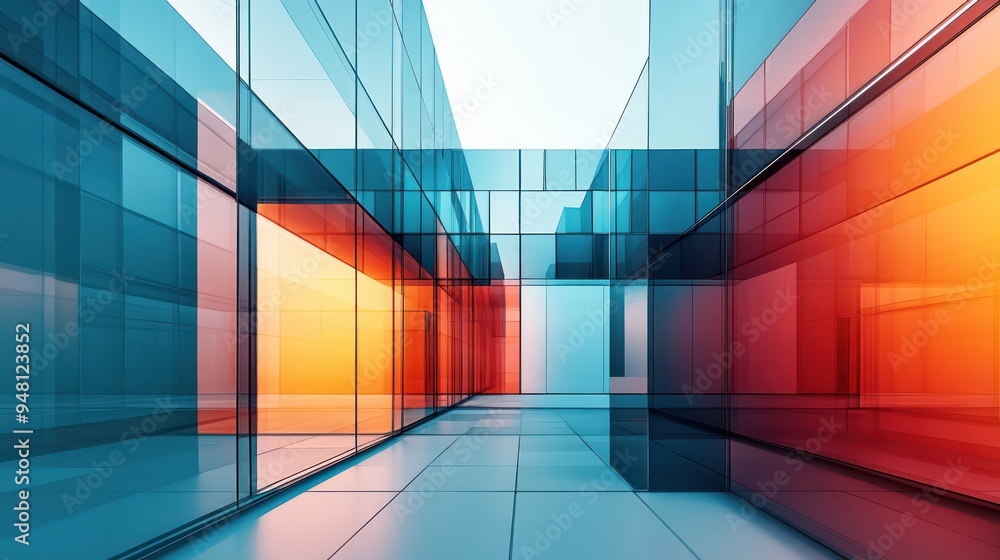 Fototapeta premium Abstract geometric architecture featuring vibrant blue and orange glass panels, creating a modern, visually striking environment.