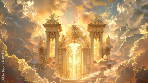 The Gates of Heaven made of gold and pearl, surrounded by a radiant light and clouds photo