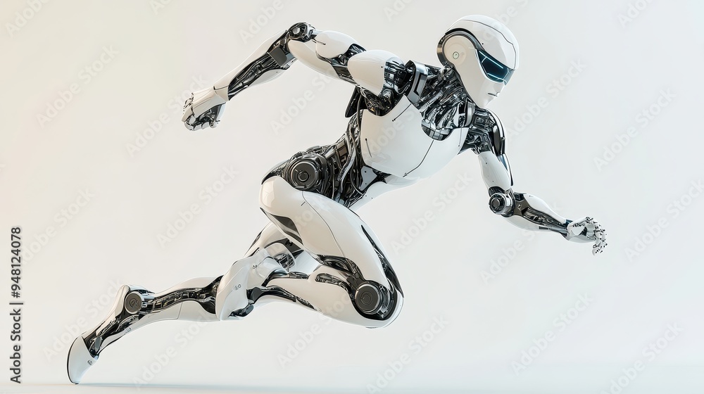 A humanoid AI robot runs energetically, showcasing advanced design and agility in a high-tech setting A humanoid AI robot runs energetically, showcasing advanced design and agility in a high-tech setting