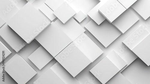 An abstract composition of overlapping white rectangles and squares in varying sizes.