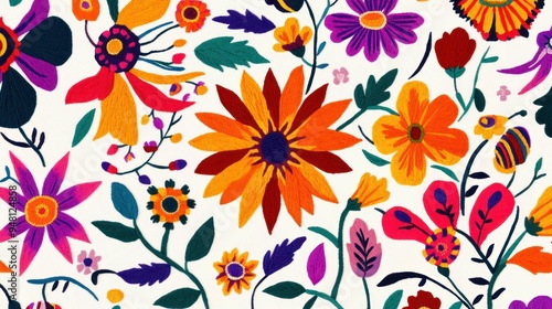 A vibrant floral pattern featuring diverse flowers in bright colors, creating a joyful and lively atmosphere.