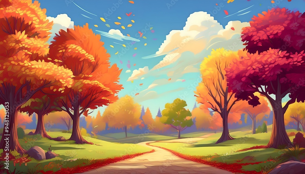 Whimsical Autumn Park Scene - cartoonish background of a park filled with various trees. Graphic art illustration Whimsical Autumn Park Scene - cartoonish background of a park filled with various trees. Graphic art illustration
