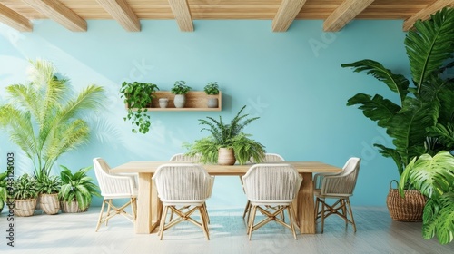 The interior design of this country living room is eco-friendly with turquoise accents and sustainable elements: sustainable parquet, a dining table and chairs, bamboo ceiling and wooden shelves.