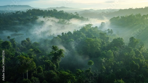 top view rain forest and mist valley mountain aerial view photo