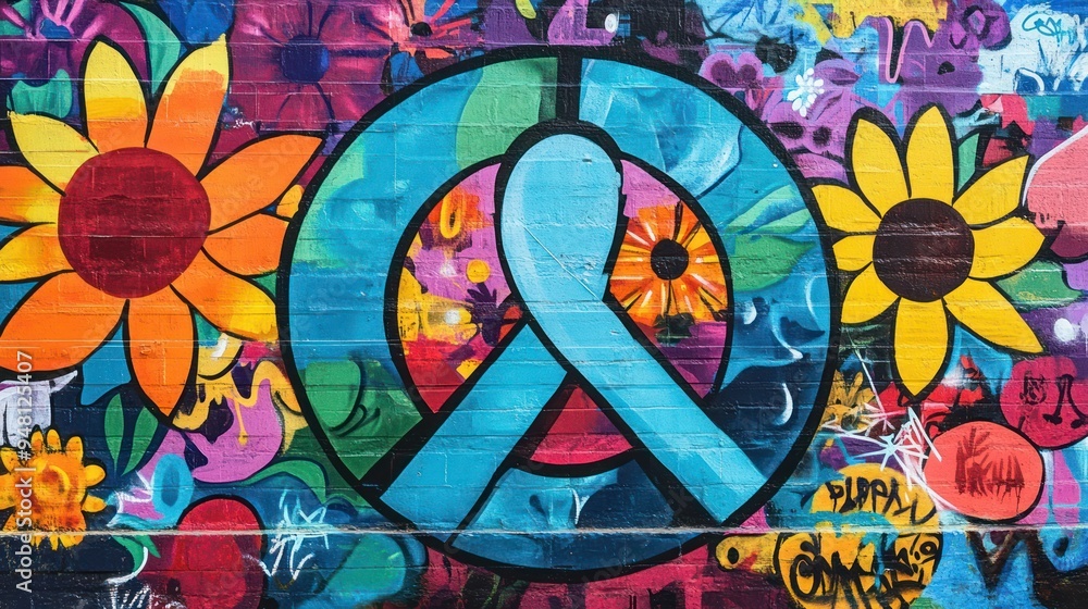 Fototapeta premium Vibrant peace mural featuring colorful flowers and a blue ribbon symbolizing hope and unity.
