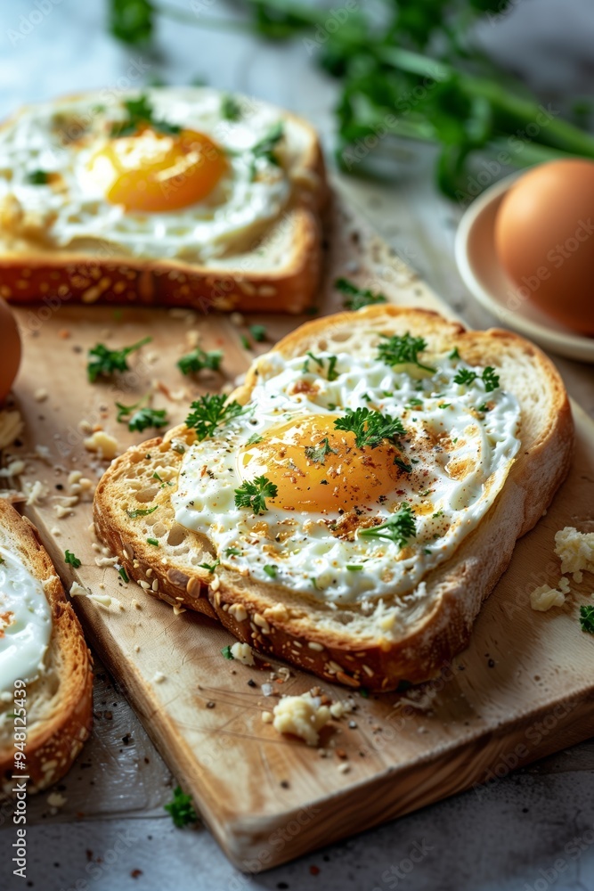 Deliciously prepared toast topped with sunny-side-up eggs and fresh herbs on a wooden cutting board in a cozy kitchen setting Deliciously prepared toast topped with sunny-side-up eggs and fresh herbs on a wooden cutting board in a cozy kitchen setting