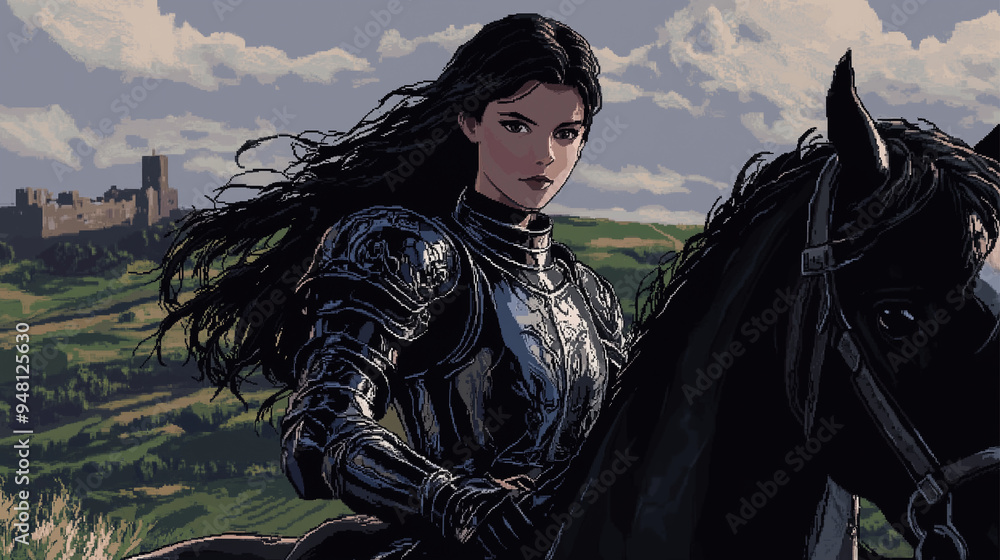 girl knight in armor on horseback. in pixel art girl knight in armor on horseback. in pixel art
